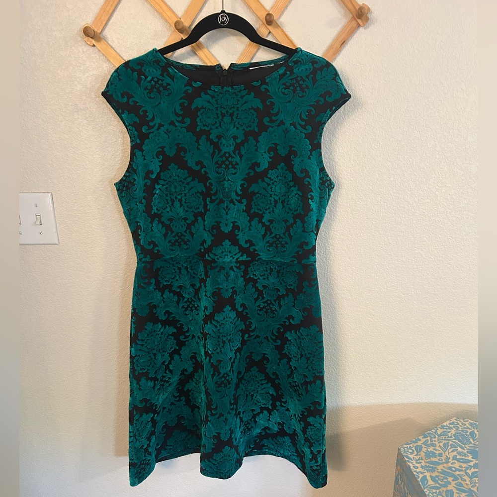 New York & Company Teal and Black Cap Sleeve Fit & Flare Dress